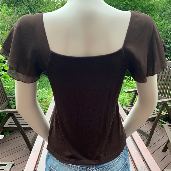 Lauren Raplh Lauren brown Rayon blouse top W Brown Sheer Flare Cap Sleeves US M - Picture 4 of 6
